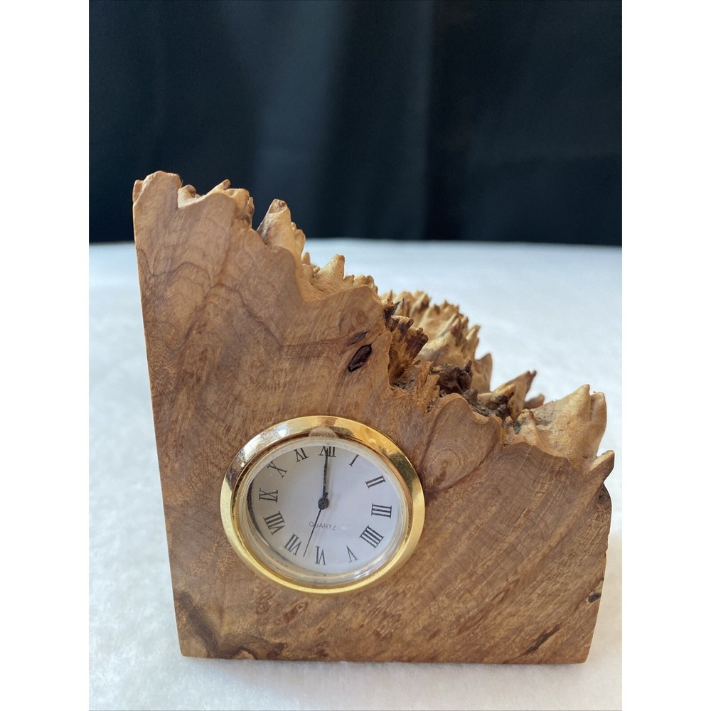 Charles Elkan Burl Wood Rough Edge Book End Analog Clock MCM Not Working